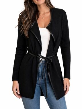 J. McLaughlin Black Cashmere Blend Draped Belted Open Front Cardigan Size M